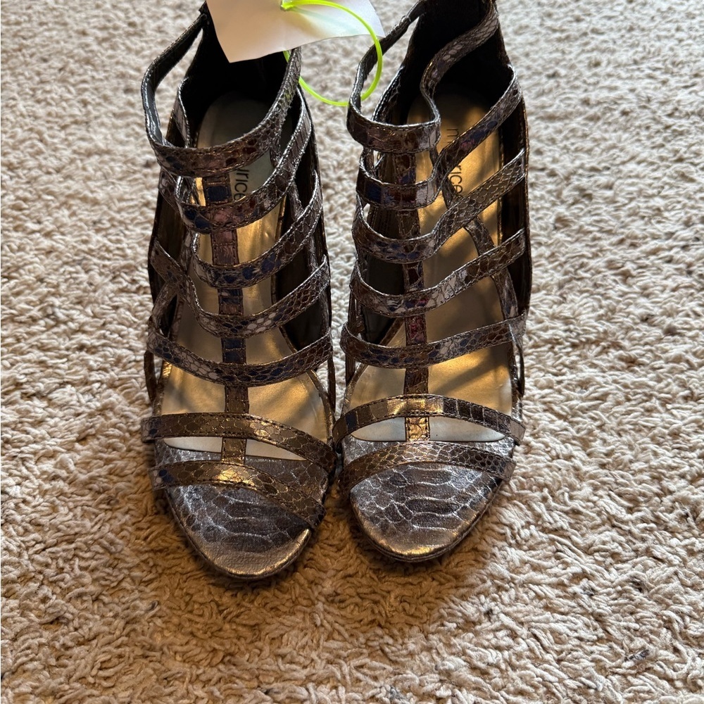 Maurices Metallic Snake-Print Strappy Heels in Bronze